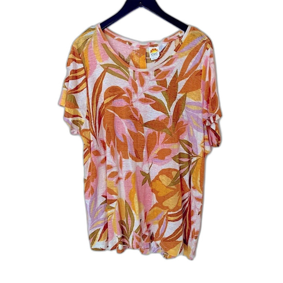 C&C California Plus Size 100% Linen Tropical Print Short Sleeve Top Size 3X - Picture 1 of 6